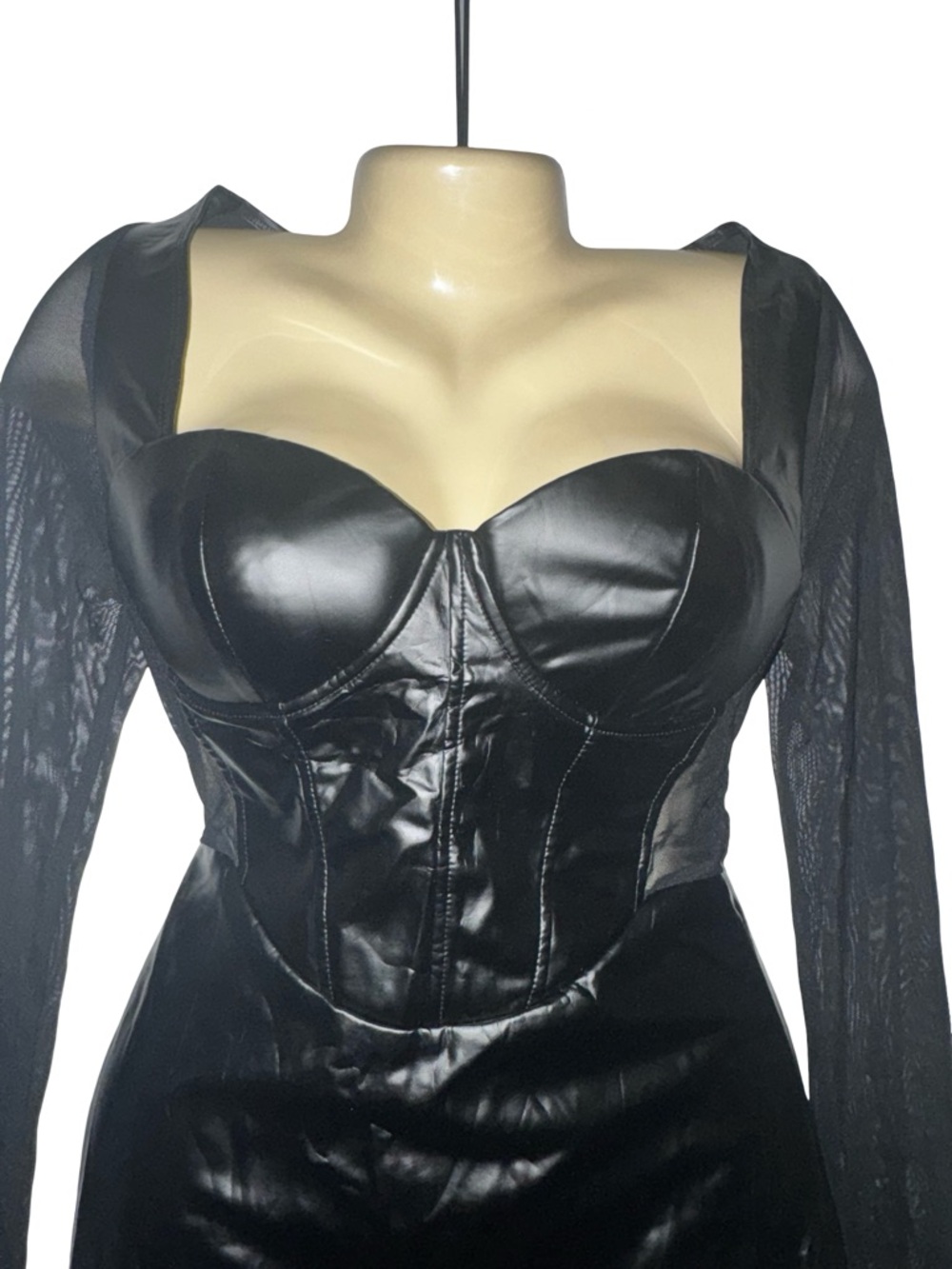 Black Faux-Leather Corset Mini Dress with mesh Long Sleeves - Picture 5 of 5